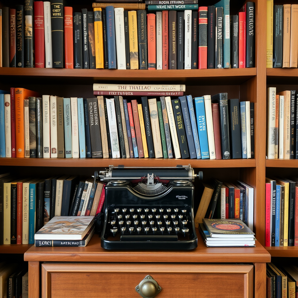 a bookshelf packed with books and an old fashioned typewriter in the middle